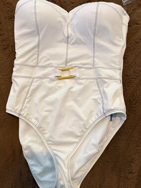 Bleu Rod Beattie White Strapless Swimsuit with Gold Buckle Detail